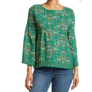 Max Studio Green Floral Crepe Pleated Blouse Top Size XL